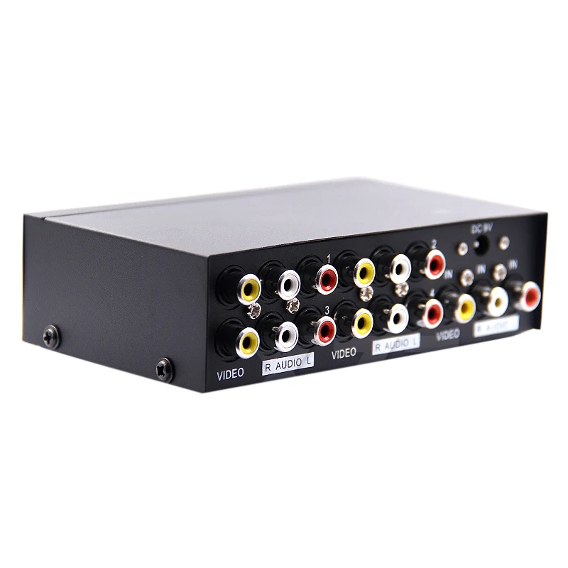 High Quality 4 Port 1 x 4 AV Video Audio Splitter 3 RCA with Metal Housing 1 in 4 out for DVD HDTV With power adpater US/EU plug