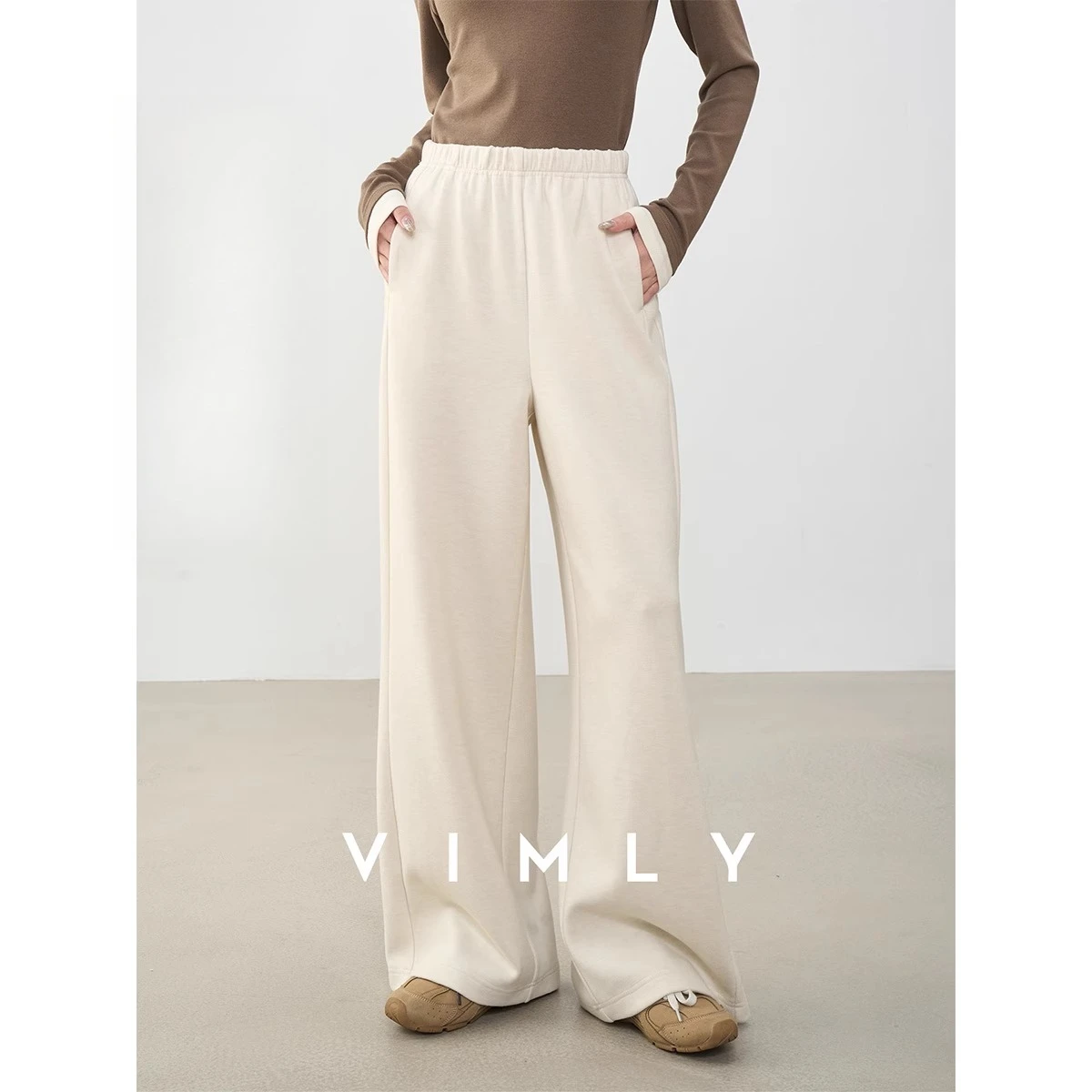 VIMLY عادية مرونة الخصر السراويل الفضفاضة امرأة محبوك بنطلون 2025 ربيع الخريف جديد Soild جيوب فضفاضة السيدات السراويل الطويلة A2207