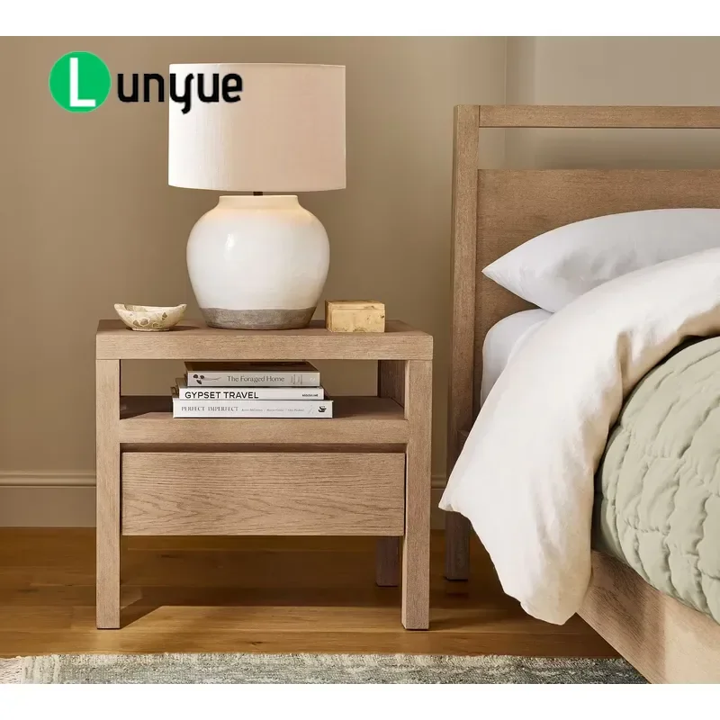 Wooden Bedside Table with Metal Slide Drawers Wheat Finish Nightstand for Bedroom Storage Furniture Sturdy Home Decor
