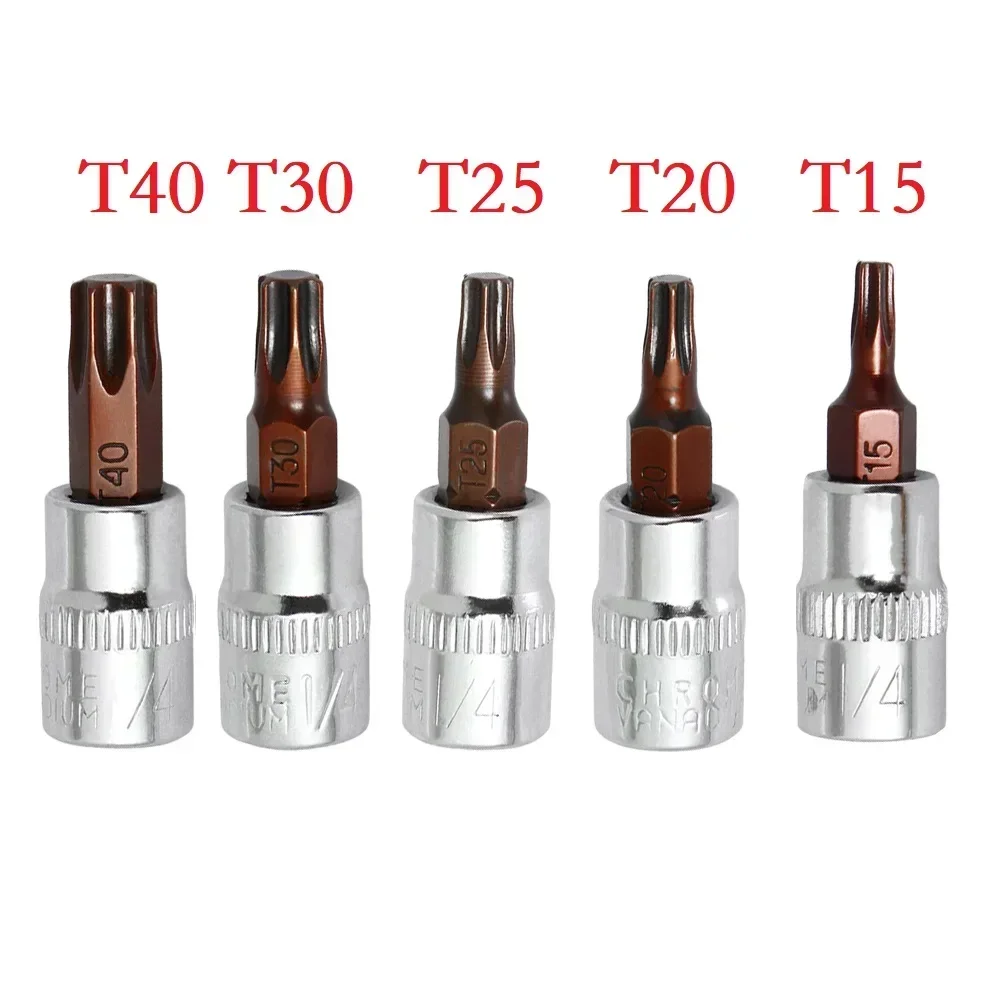 5pcs Screwdriver Bit Socket Set Hex Screw Driver Bits T15 T20 T25 T30 T40 Screwdriver For Torque Spanner Ratchet Wrench