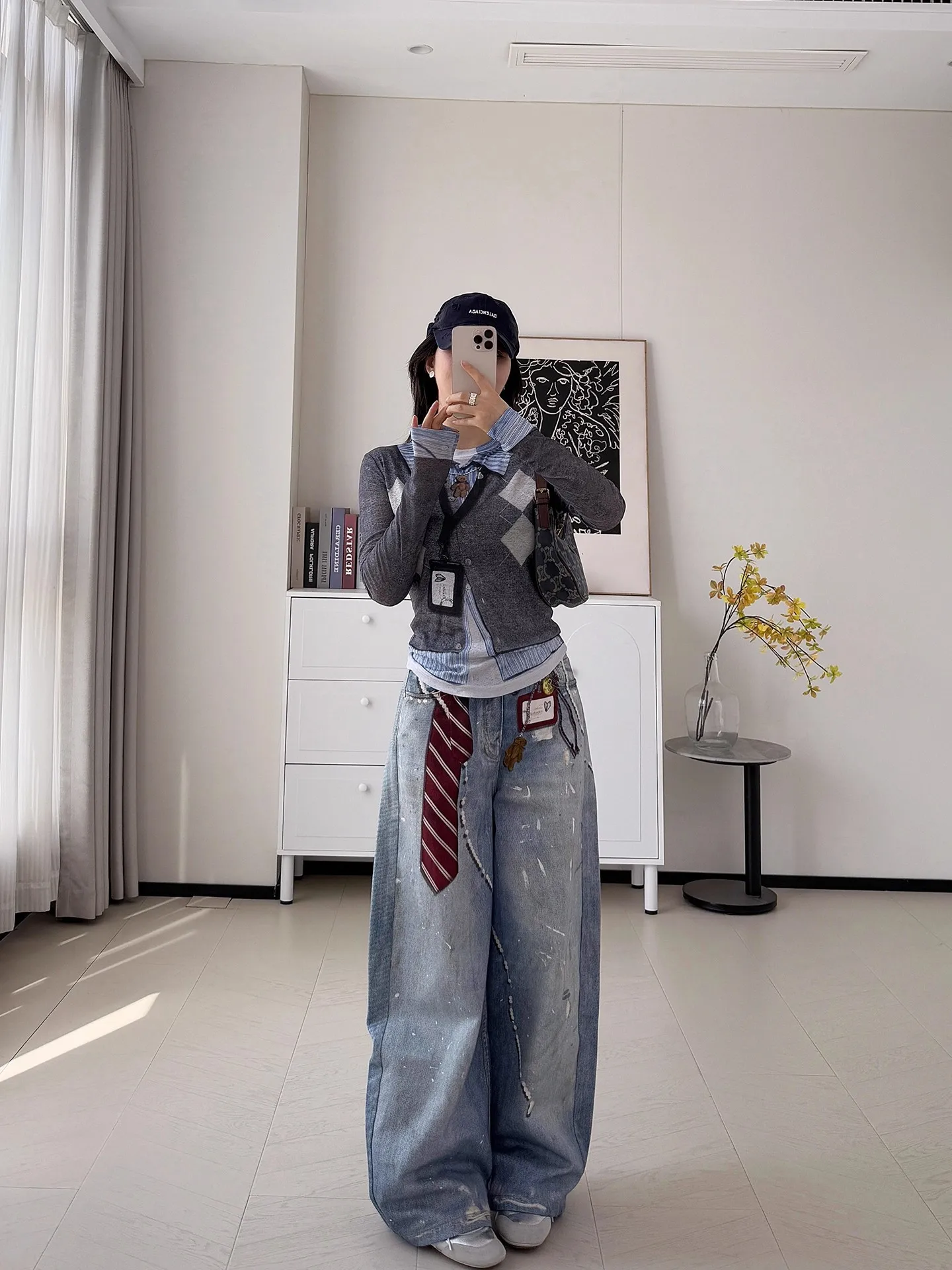 Retro American Washed Blade 3D Printed Casual Jeans Women's Badge Loose Wide Leg Casual Pants Vintage Effect Natural Waist