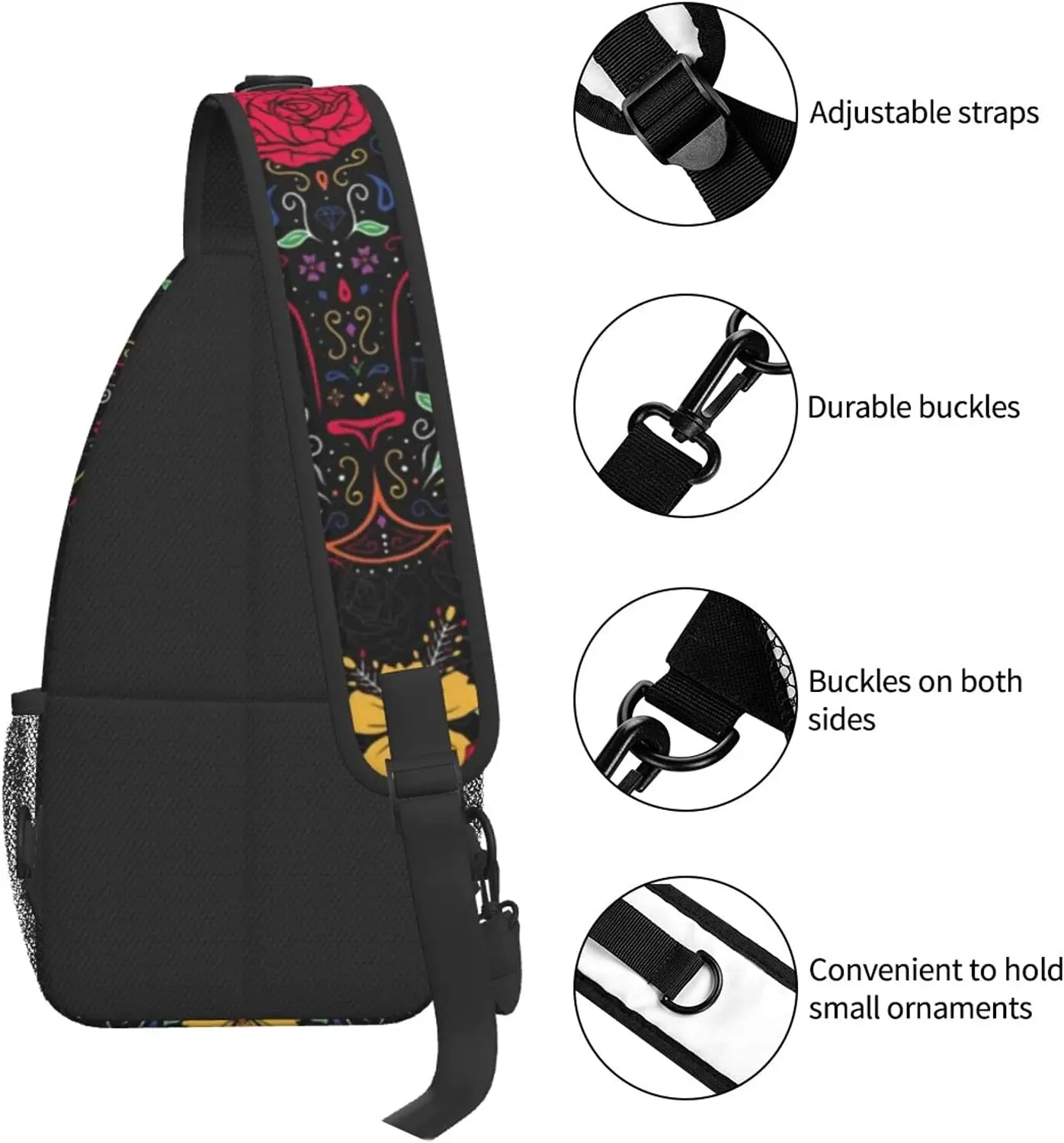 Mochila de ombro crossbody sling, mochila esportiva ao ar livre, dia dos mortos, gatinho, caveira de açúcar, homens e meninos, moda