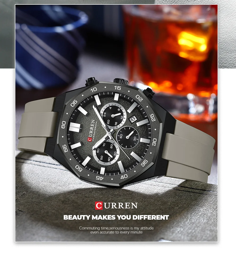 CURREN Herren Sport-Chronograph-Uhr mit Silikonarmband, Multifunktionszifferblatt mit Datum, Leuchtzeigern, Casual Quarz-Armbanduhr – Detail 12