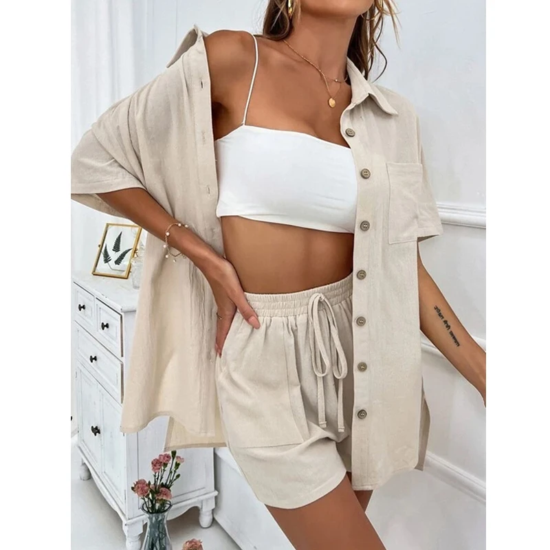 Summer Shirts Suit Women Wide-leg Shorts Two Piece Set 2024 Short Sleeve Cotton Casual Long Blouse Pockets Loose Outfits 26296