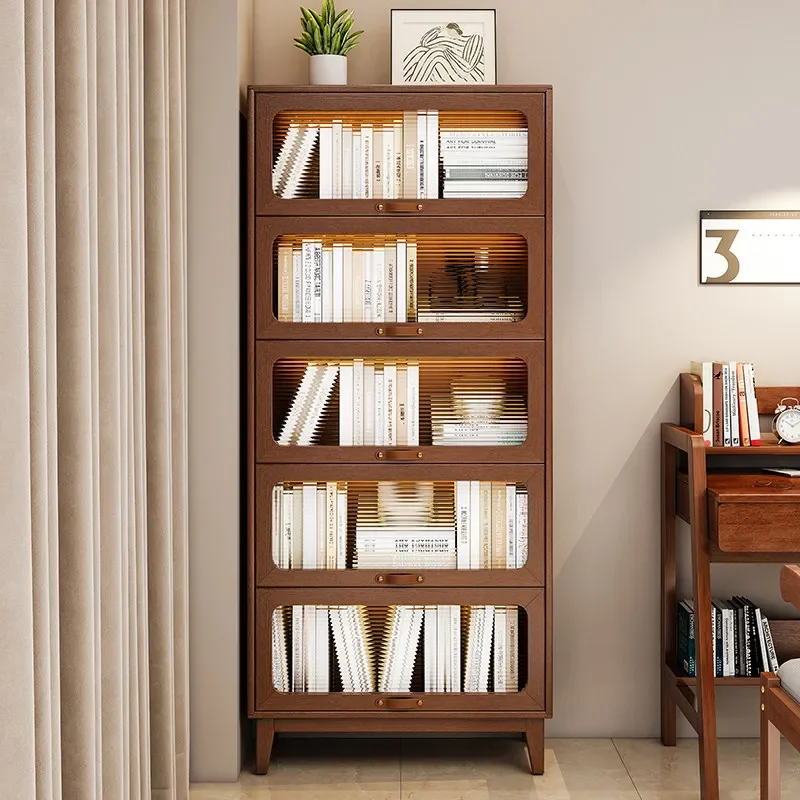 Solid wood dust-proof bookcase with glass door Household living room vertical cabinet Children's bookshelf Floor shelf