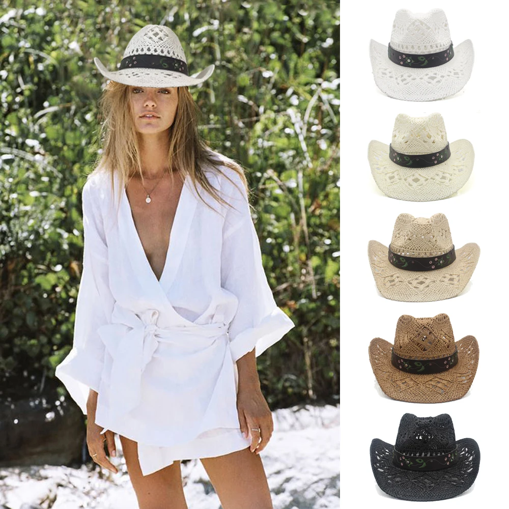 

Men Women Summer Straw Western Cowboy Hats Wide Brim Sunhat Party Travel Outdoor Cap Classical Retro Sombrero UK Size L US 7 1/4