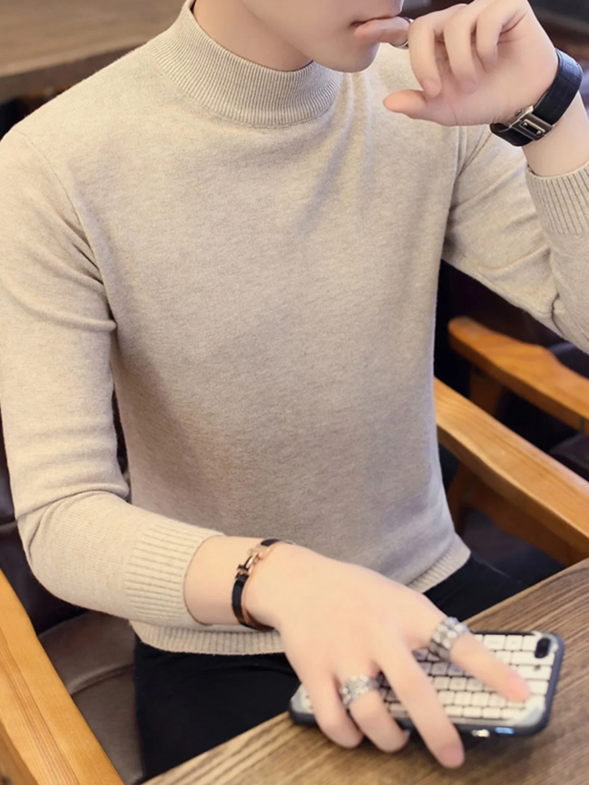 قميص رجالي محبوك بأكمام طويلة، عصري ودافئ، أنيق لفصلي الخريف والشتاء، إصدار جديد بلون موحد وياقة عالية مضادة للبكتيريا #2