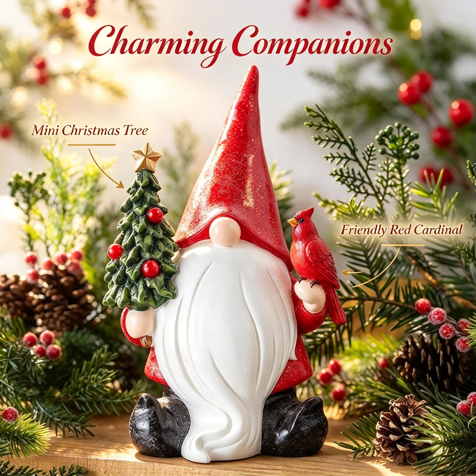 Red Gnome Figurine Christmas Tree, Cardinal Resin Statue Nordic Xmas, Home Table Desktop Ornament Decoration, Holiday Gift Decor