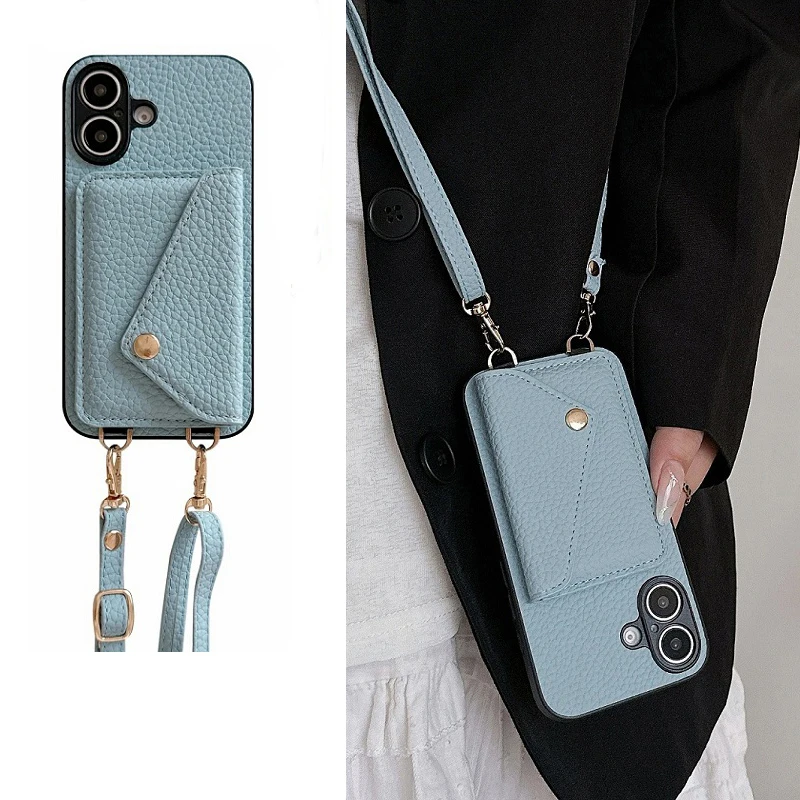 

Luxury Crossbody Lanyard Leather Card Holder Pocket Wallet Case For iPhone 11 12 13 14 15 16 Pro Max Plus Phone Bag Purse Cover