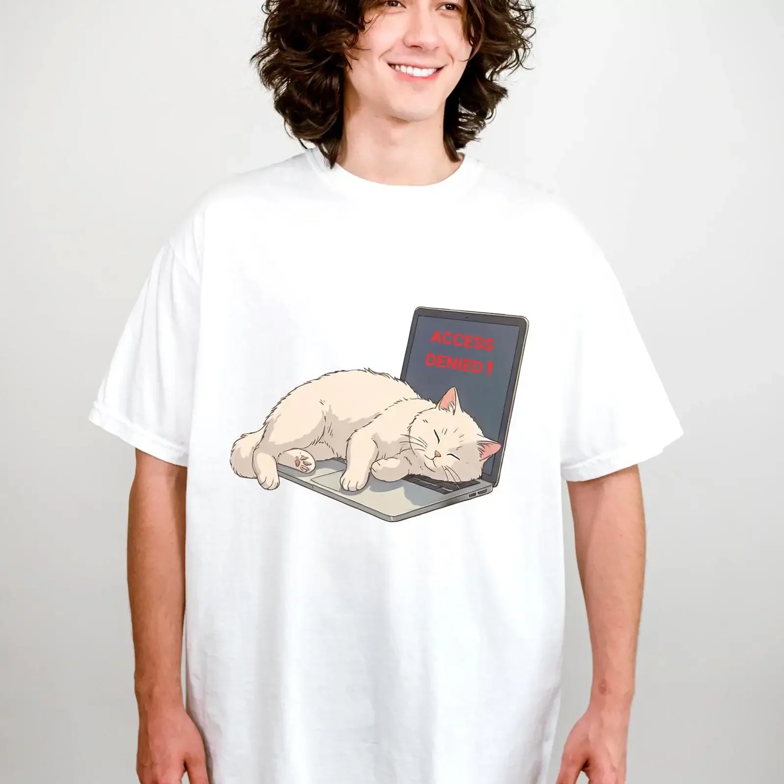 Access Denied Sleeping Cat Laptop T Shirt Funny Lazy Office Humor for Programmer Lover Casual Top vintage Washed Slightly