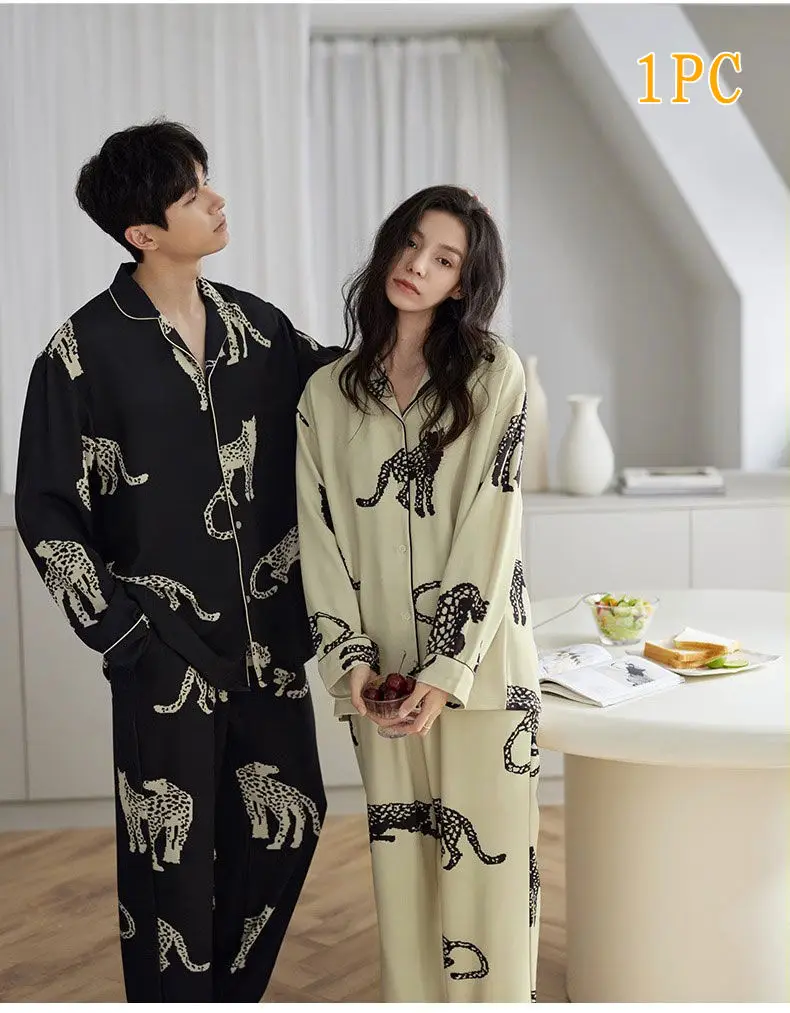 Spring Summer Couple Pajamas Set Female Male Casual Comfortable Animal Print Home Clothing Single-Breasted Long Sleeves Pants