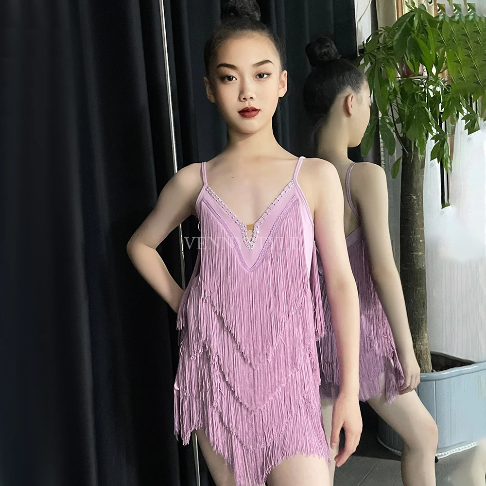 

Vennystyle Latin Dance Costume - Crystal-Encrusted Fringe Spaghetti Strap Dress in Lilac Purple, Girls' Stage Performance & Prac