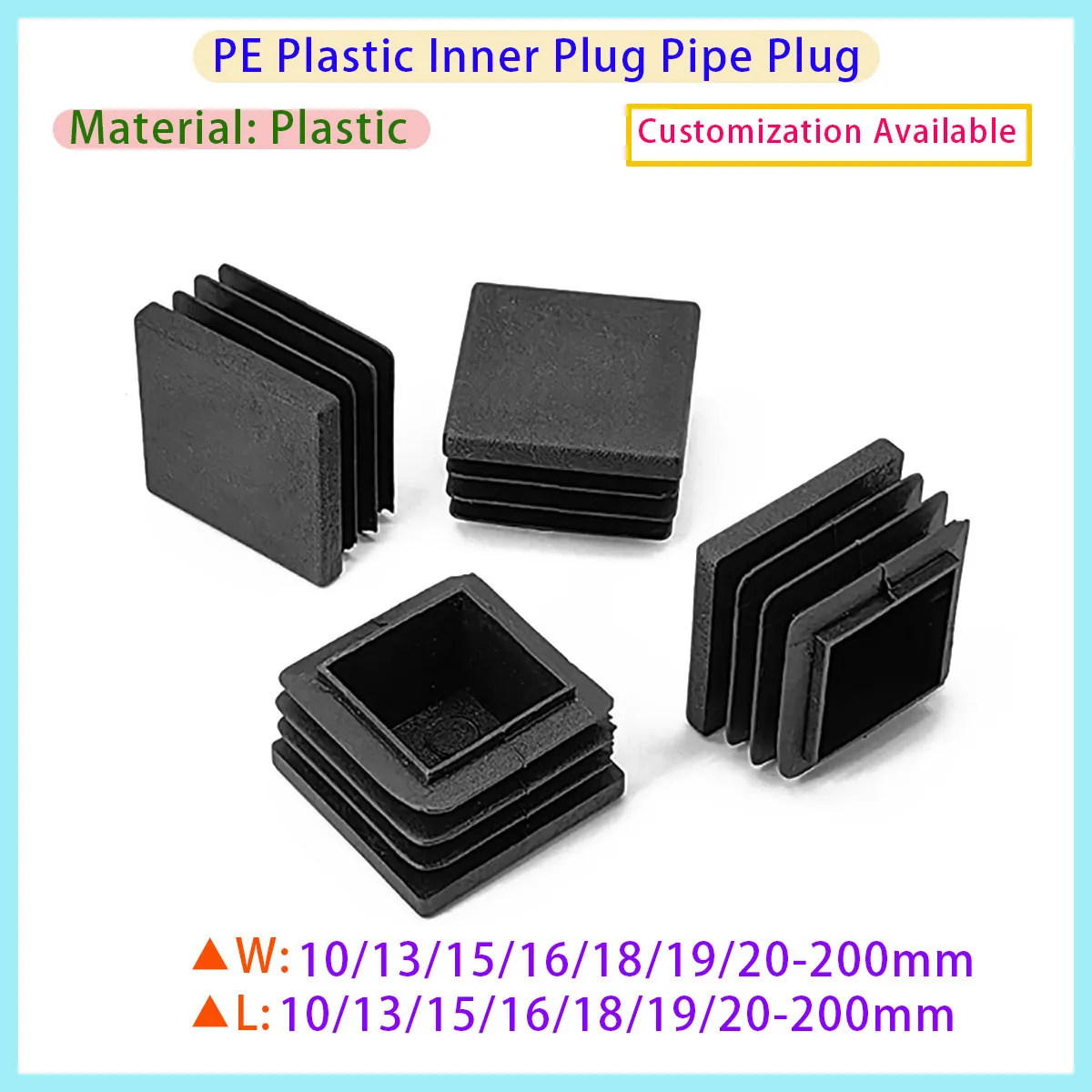 PE Square Plastic End Cap 13mm~120mm Feeding Plug Box Section Pipe Inserted Into Furniture Chair Foot Sealing Plug