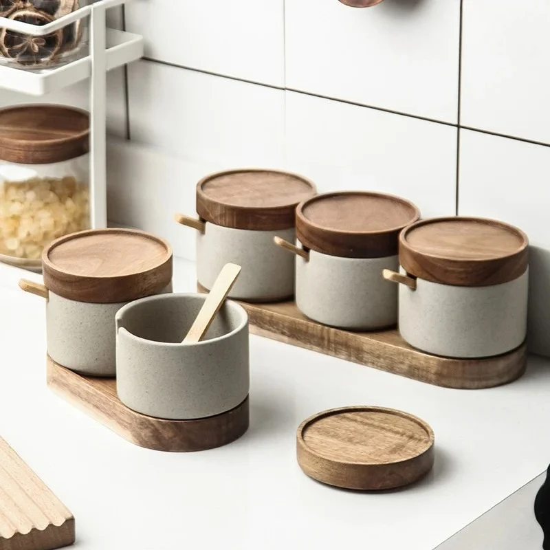 JUSTINLAU Seasoning Jars Japanese Style Clay Spice Container with Bamboo Lid＆Spoon Oil Jar Salt Sugar Bottle Kitchen Utensils