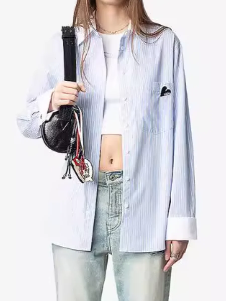 

Blue Striped Female 100% Cotton Shirt 2025 New Letter Embroidery Turn-down Collar Single Breasted Long Sleeve Casual Blouse