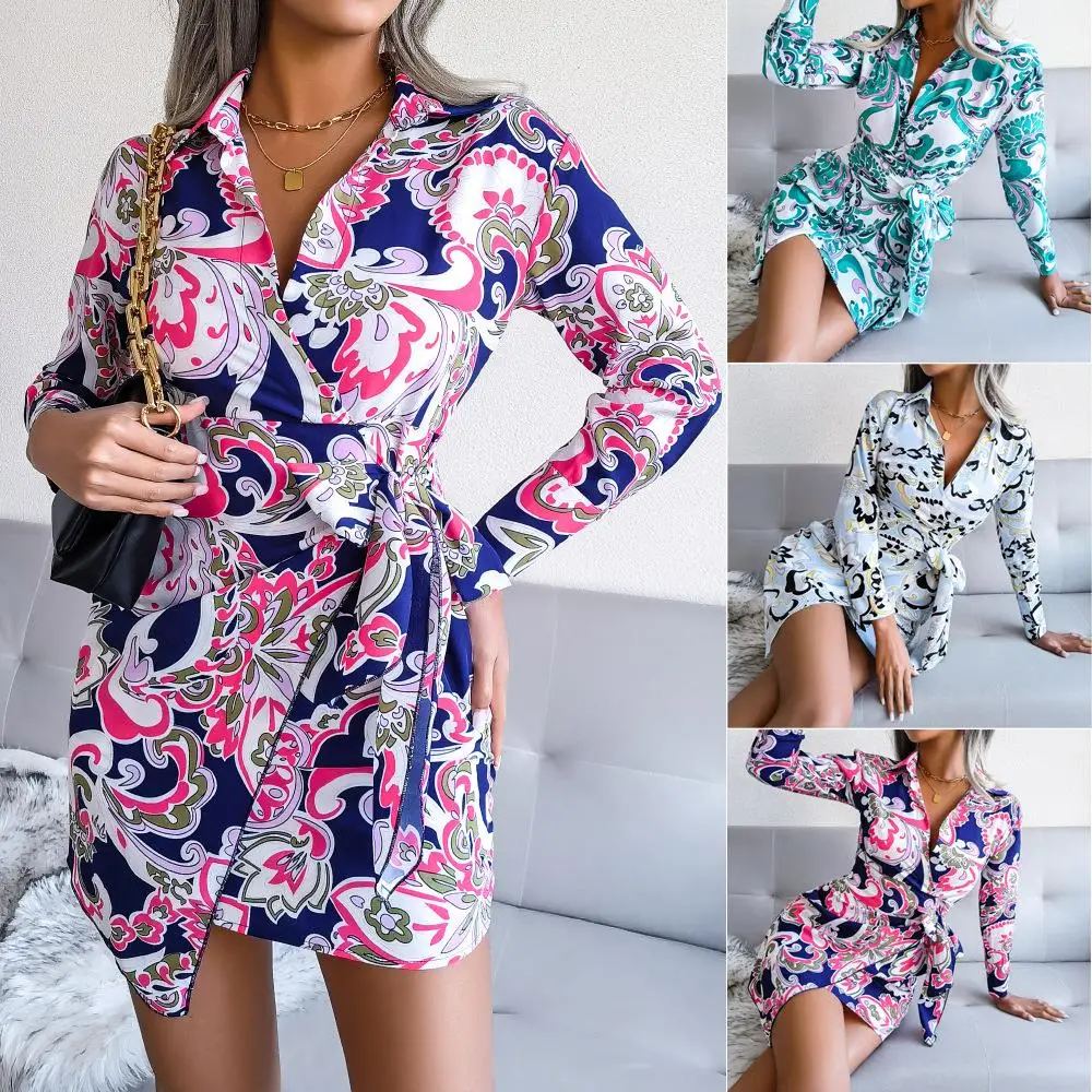 

Spring Summer Long Sve Floral Print Casual Belted irt Dr Independent Station Cross-Border Women's Faion Clothing