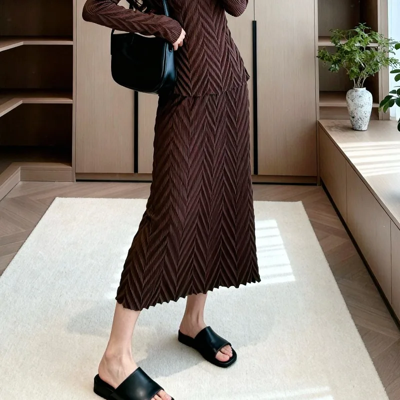 Miyake Faltenrock-Anzug, Plisse 2026, neue Mode, plissiert, zweiteilig, Frühling und Herbst, Temperament, langärmelig, schlanker, dünner Faltenanzug