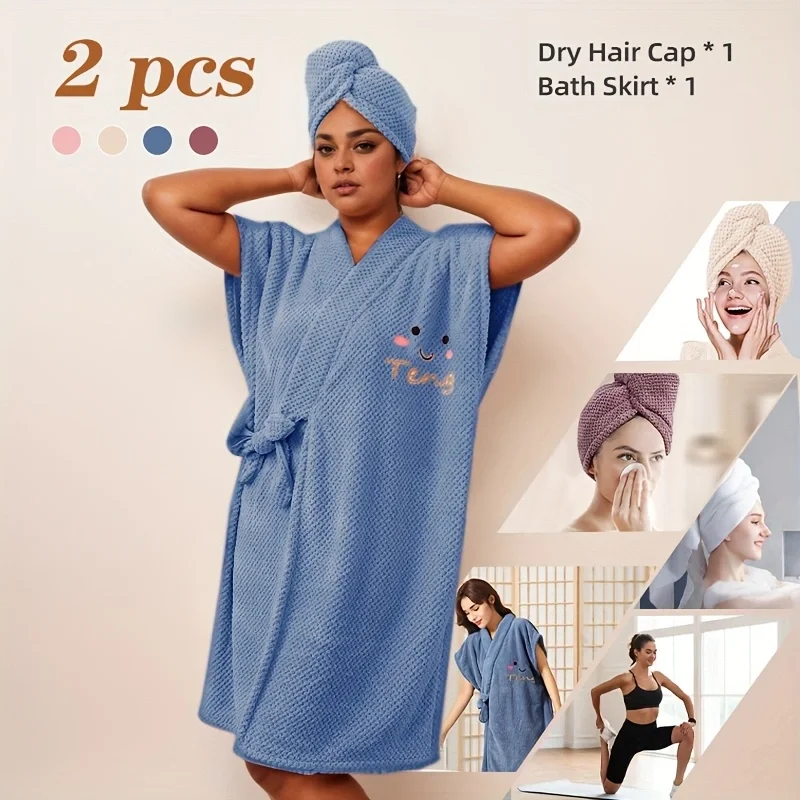 2 Pcs Spa & Home Women's Microfiber Bathrobe - Adjustable V-neck Shawl Wrap - Fluffy Hair Towel Robe with Closure