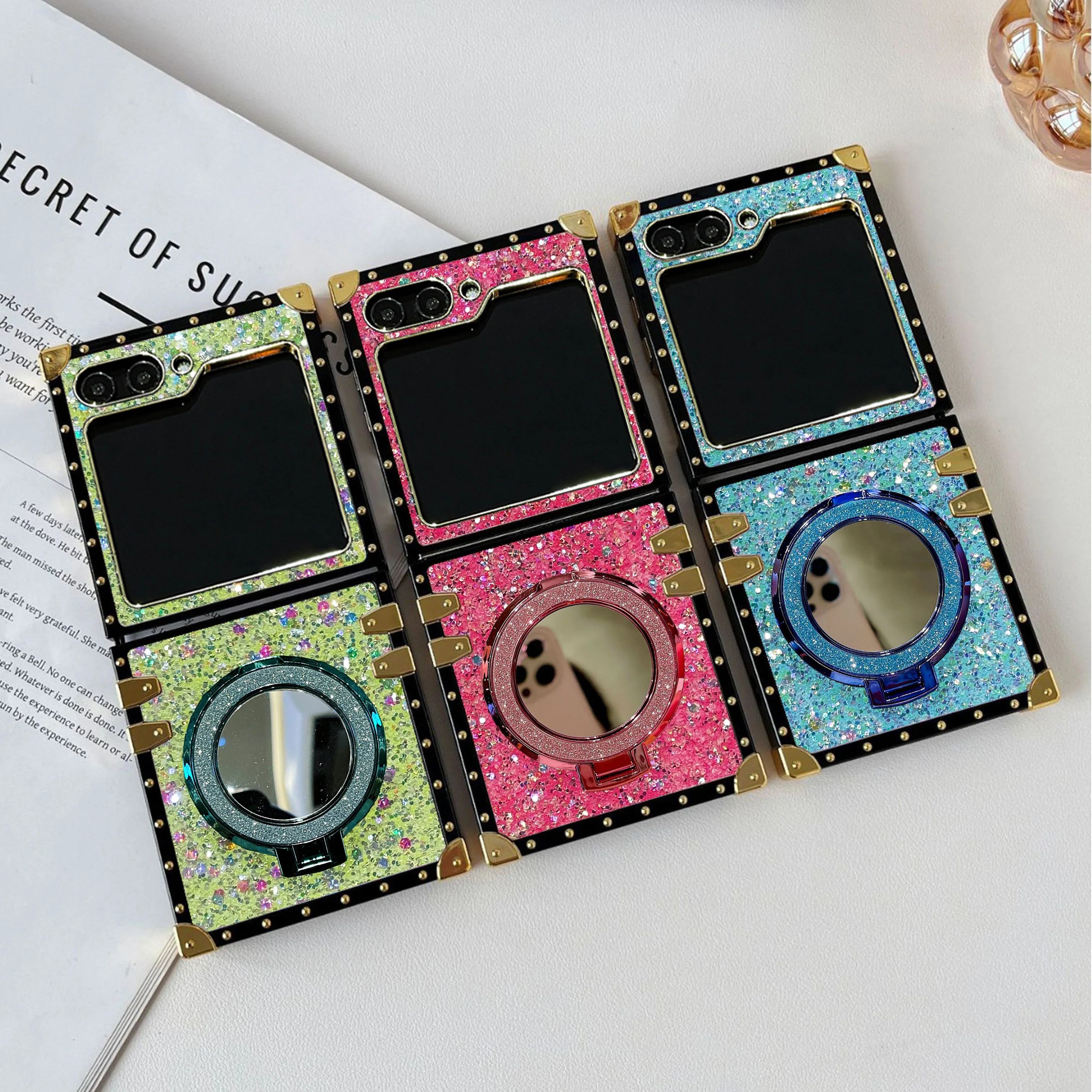 Shiny Mirror Stand Hard Shell For Samsung Galaxy Z Flip 8 7 6 5 4 3 Flip7 FE Luxury Glitter Fashion Square Phone Case