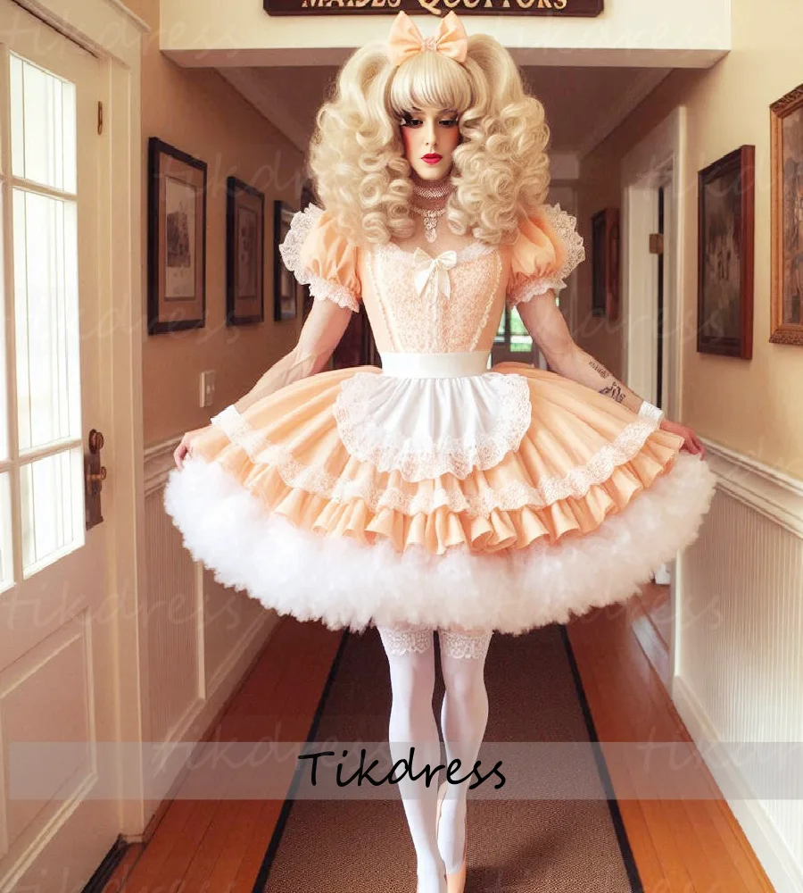 

French Maid Costume Evening Dress 2025 Short A Line Frilly Lace Peach Prom Dress Cosplay Lolita Sissy Cocktail Party Customized