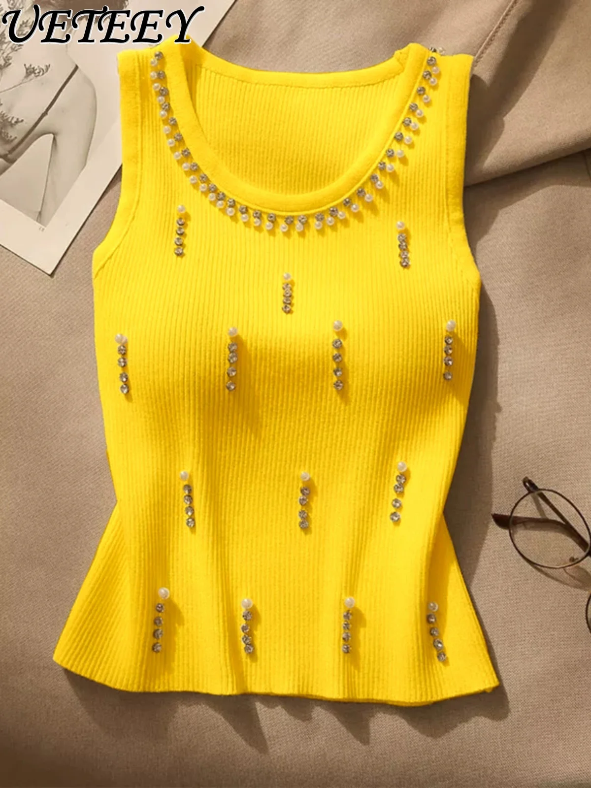 

French Style Solid Color Beaded Camisole Women's Inner Wear Vest Summer 2024 New Slim-Fit Display Design Sleeveless Tank Top