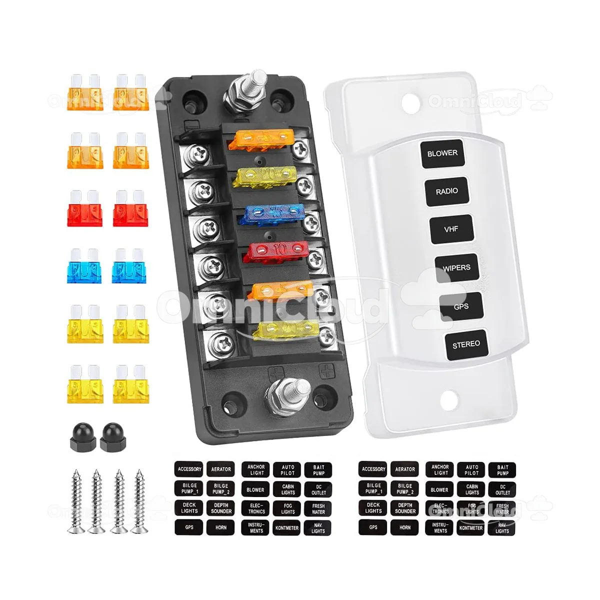 

Автомобильный блок предохранителей. 6-позиционный положительный и отрицательный блок предохранителей со светодиодной лампой. Разветвитель мощности.