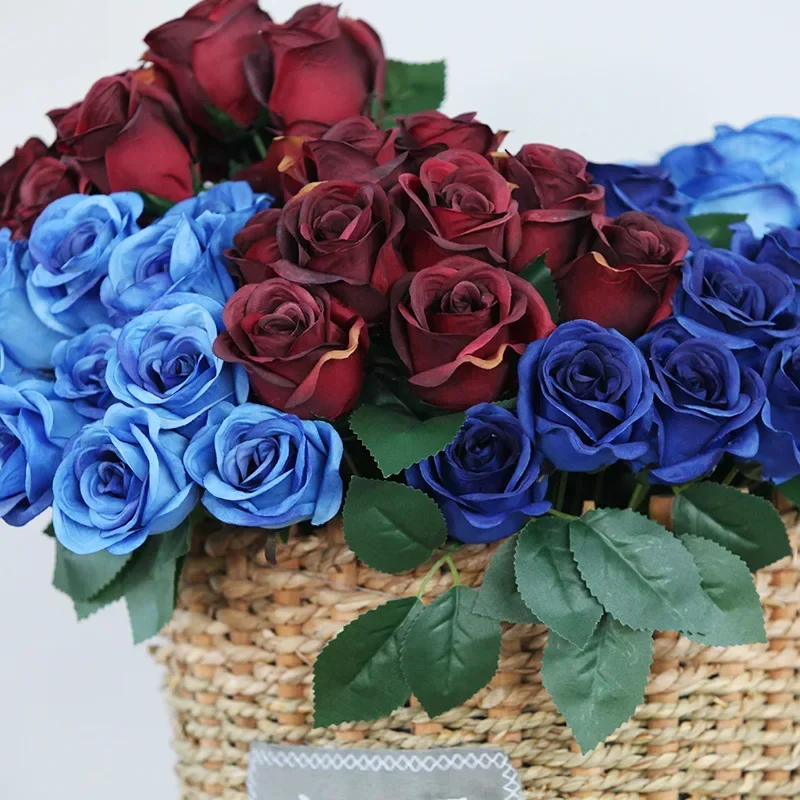1pack 12 heads Artificial Burgundy Flowers Silk Faux Mother\'s Day Bouquet Vintage Rose for DIY Table Centerpiece Party Decor