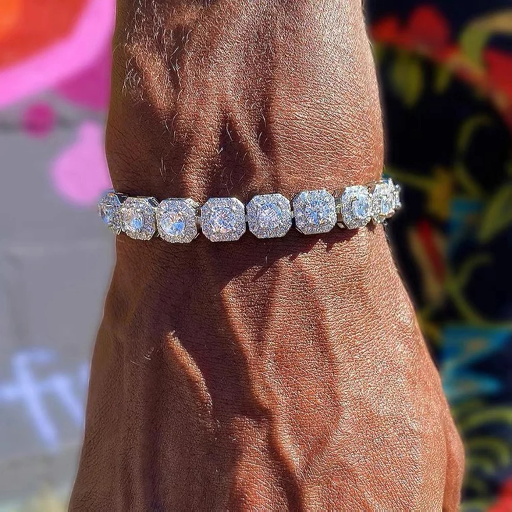 Iced Out Bling 5A Cubic Zirconia CZ Square Charm Bracelet 8mm Silver Color Tennis Chain Bangle Hip Hop Fashion Men Women Jewelry