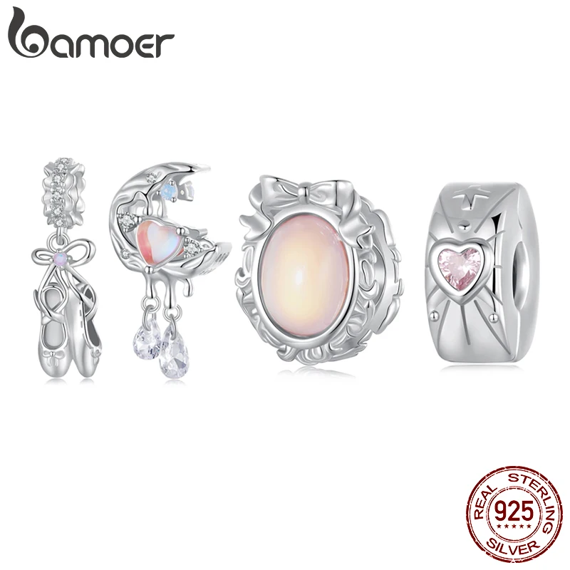 BAMOER Solid 925 Sterling Silver Pink Moonlight / Bowknot / Ballet Shoe Charm Bead fit Original Bracelet Jewelry DIY Accessories