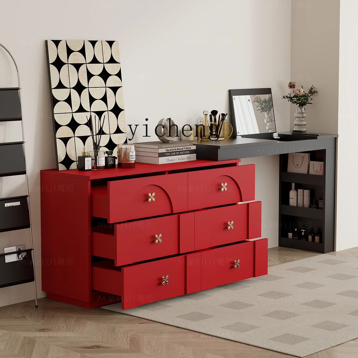 XL medieval style bedroom dresser chest cabinet integrated flip mirror makeup table multi-function