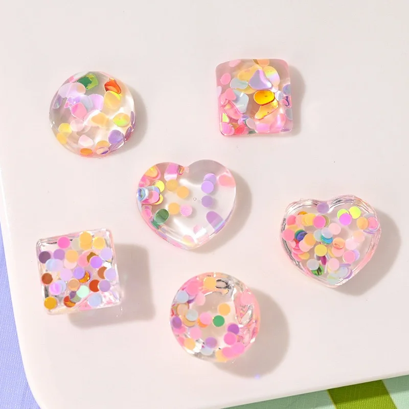 Wholesale 100pcs/lot sequin effect geometry square rounds hearts shape resin cabochon beads diy jewelry garment hair accessory
