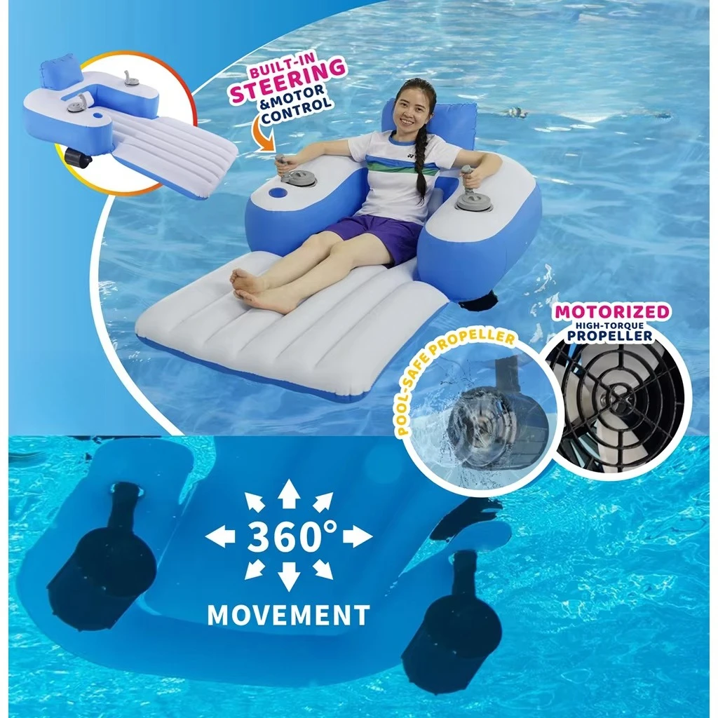 Motorized Inflatable Pool Lounger Double Propeller 360° Rotatable 1 Person PVC Floating Chair Summer Water Entertainment Float