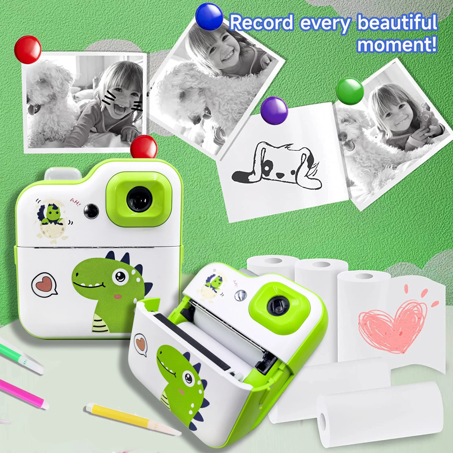 Kinder Cartoon Dinosaurier Kamera Spielzeug Mini Instant Print Fotos Kamera Kinder Tintenlose Thermodruckkamera 1080 HD Druckkamera Spielzeug