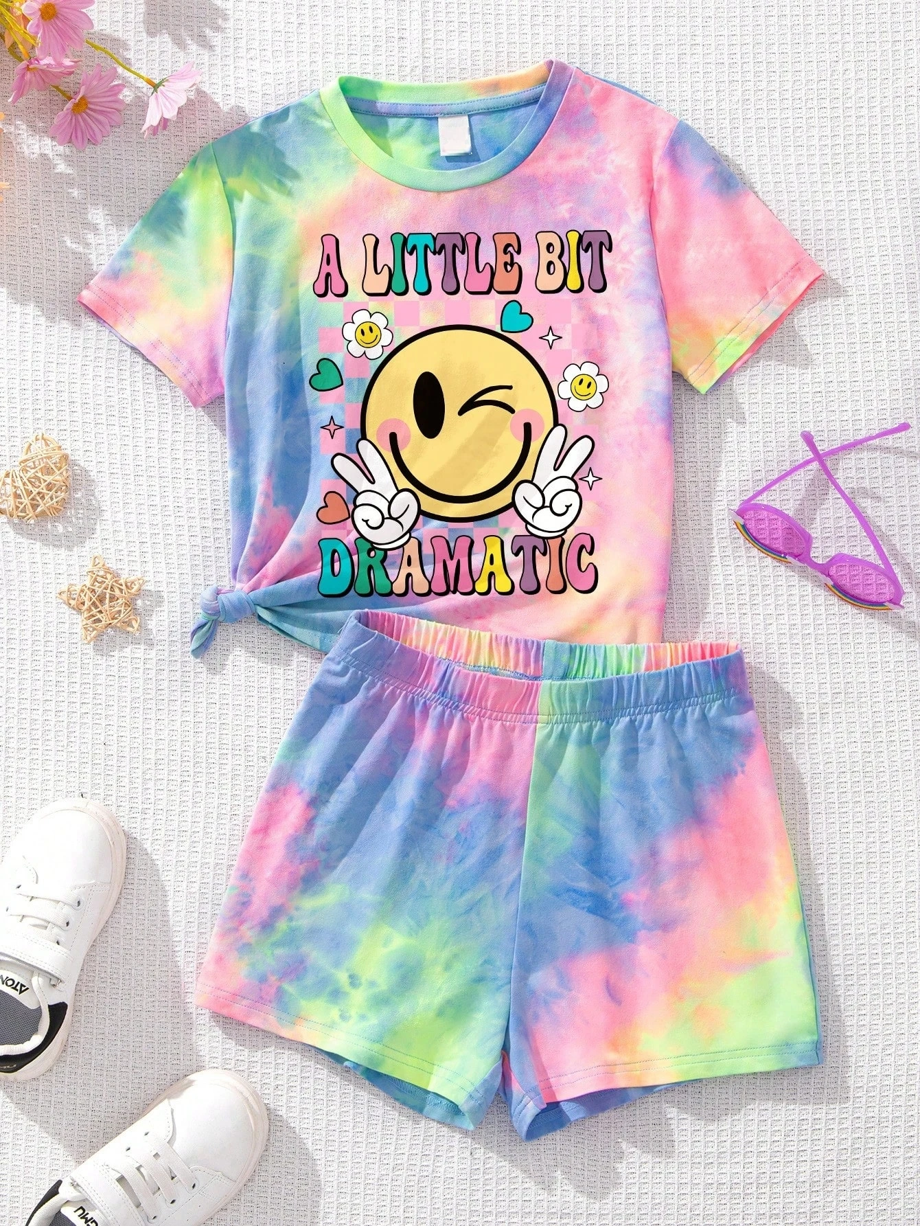 

Sets for Children Summer Tie Dye Smile Face Print Clothes for Girl 2pcs Causal Short Sleeve Tee and Shorts Set Girl Outfits sets