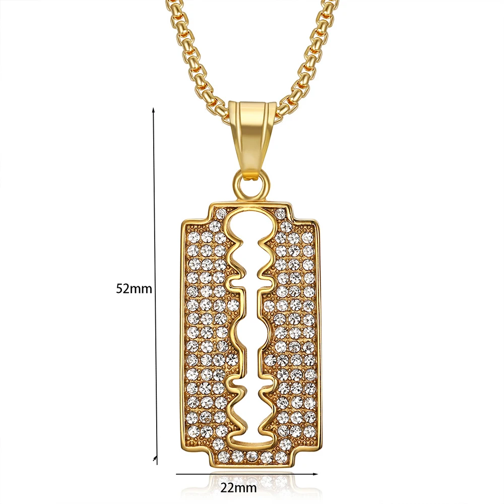 Punk Rock Razor Blade Pendant Necklaces Male Gold Color Stainless Steel Chain for Men Women Hip Hop Iced Out Bling Jewelry Gift