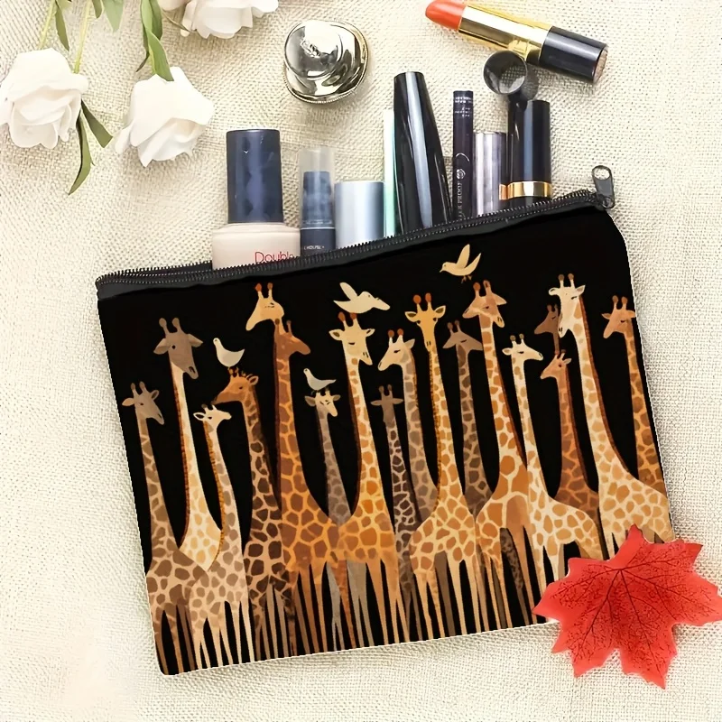 

Single-Sided Print Makeup Bag With Zipper Featuring Giraffe Pattern And Text Fashionable Style Multi-Functional Toiletry