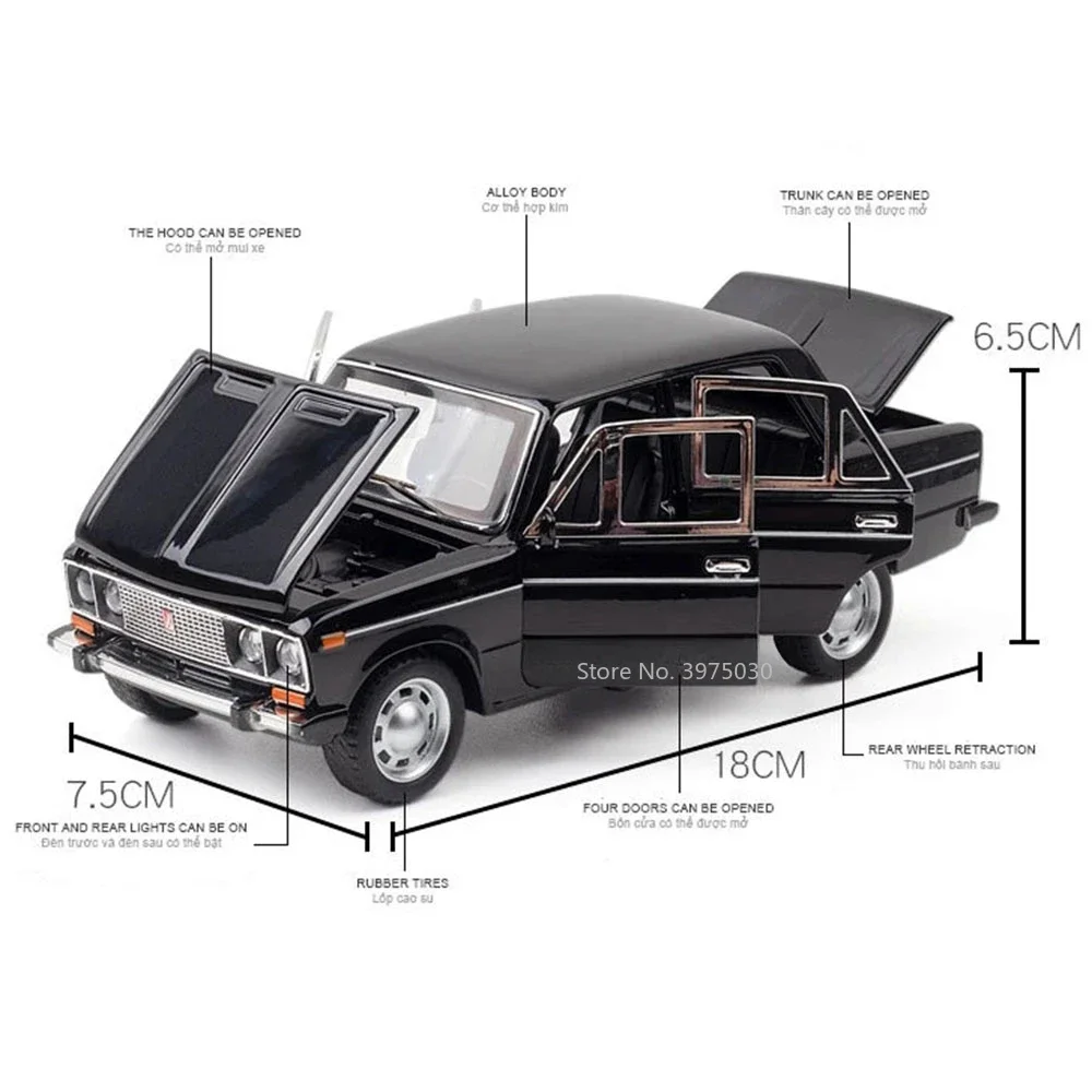 Modelos de coches de aleación LADA 2106, escala 1:24, juguete fundido a presión, vehículos ligeros con sonido, 4 puertas abiertas, coche Vintage, juguetes educativos para niños