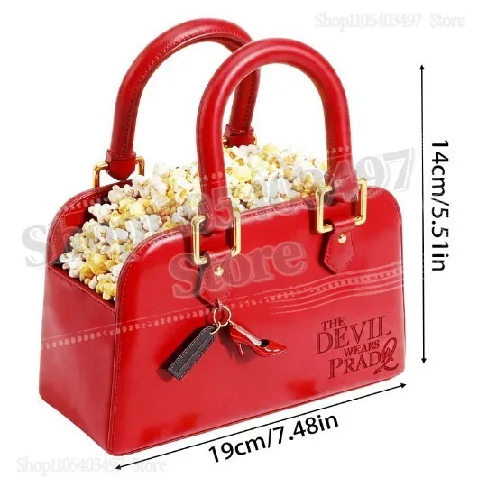 Red Retro Boston Bag Queen 2 Popcorn Bucket Creative Leather Handbag Shaped Snack Container with Pendant for Movie Night