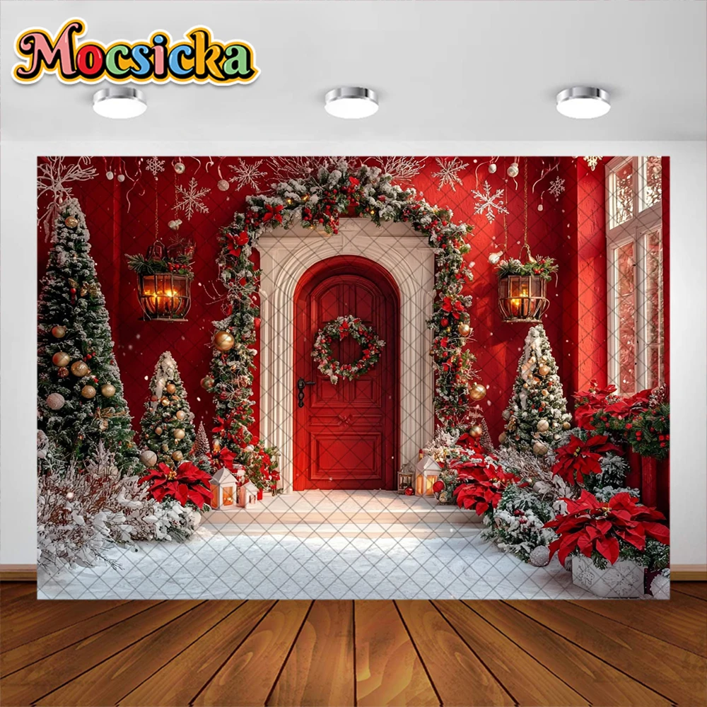 Christmas Photography Background Xmas Tree Red Room Garland Decoration Kids Holiday Portraits Photo Backdrops Studio Props