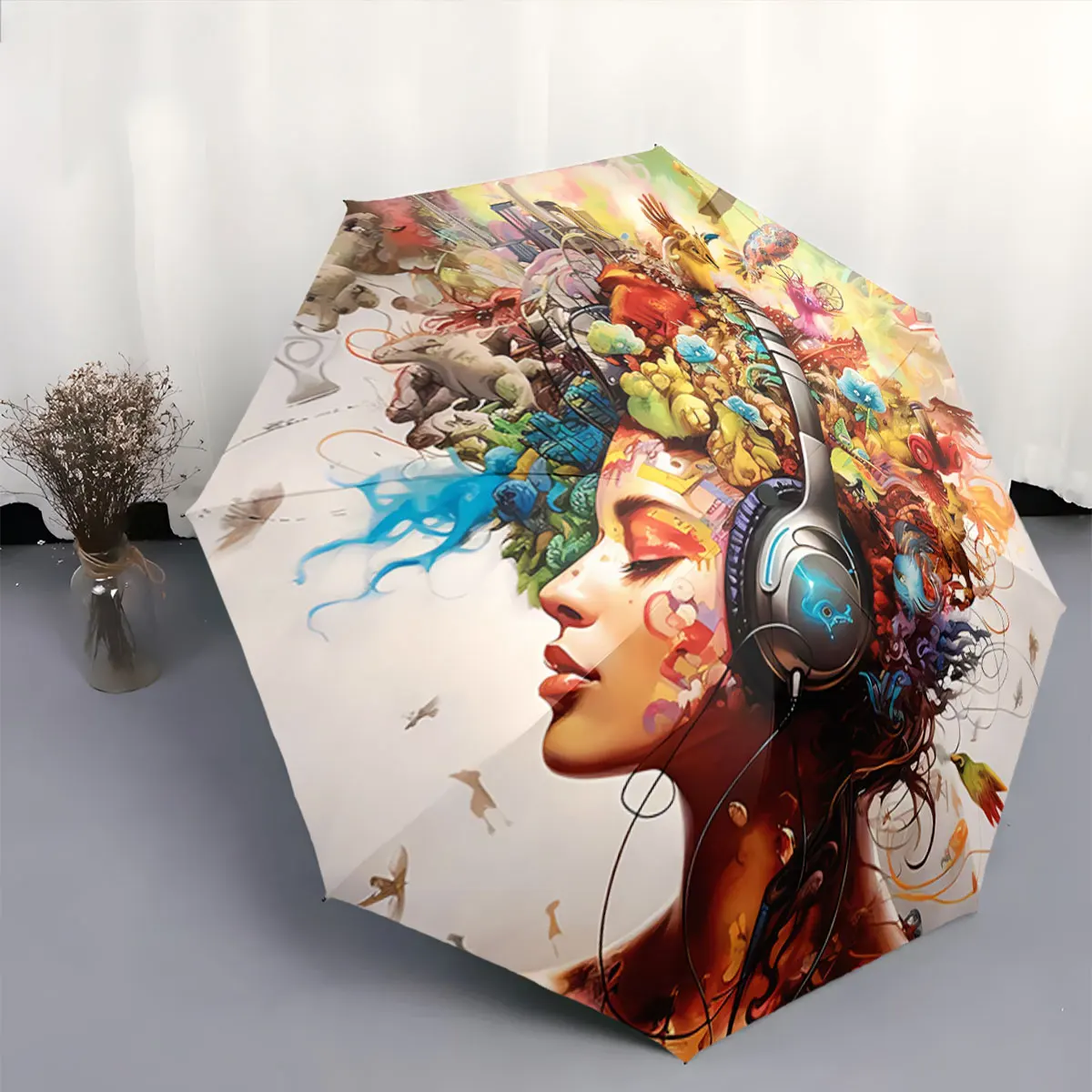 Colorful Artistic Headphone Design With Vibrant Imagery portable waterproof sun rain umbrella for outdoor travel beach