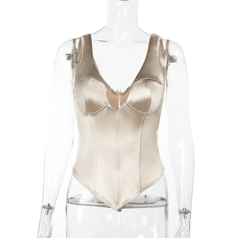 여성 패션 샴페인 새틴 코르셋 탱크 탑 섹시한 딥 브이 넥 민소매 백리스 레이스 업 슬림 바디 쉐이핑 조끼 캐주얼 티셔츠