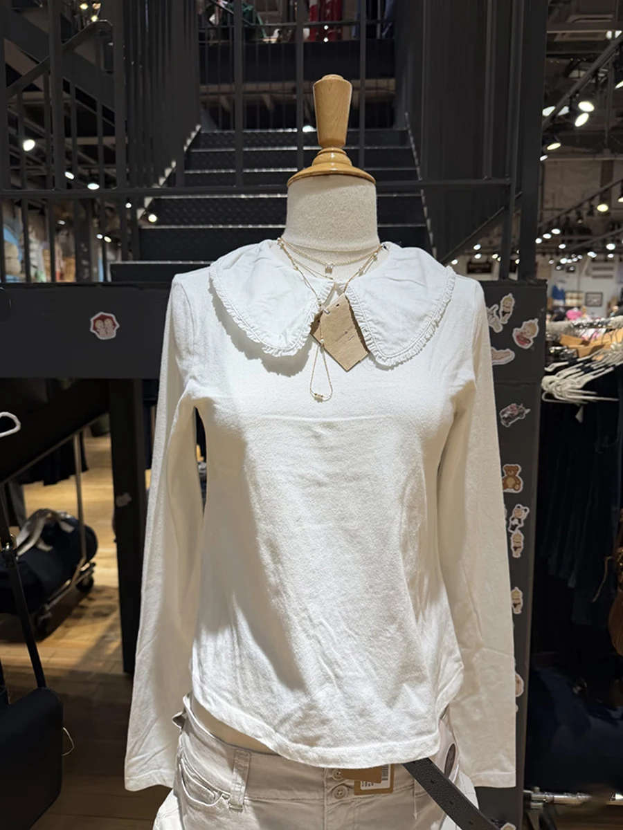 Sweet White Peter Pan Collar Slim T-shirt Woman Autumn Cotton Long Sleeve Crop Tops Female Solid Simple All-match Tshirts New
