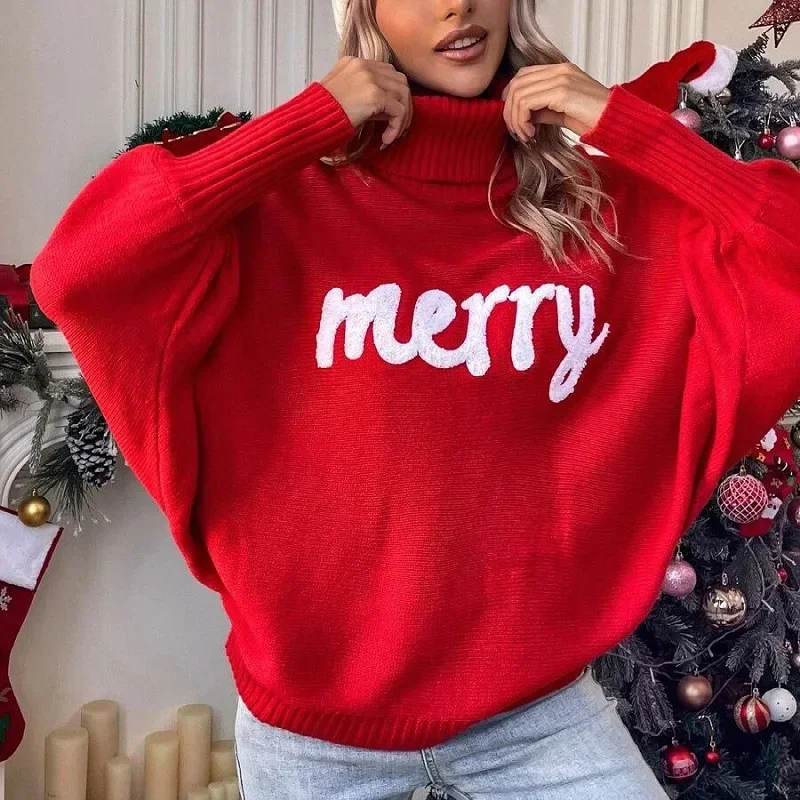 Christmas Knitted Sweater for Women 2025 New Turtleneck Bat Sleeve Loose Pullover Red Merry Letter Embroidered High Neck Sweater