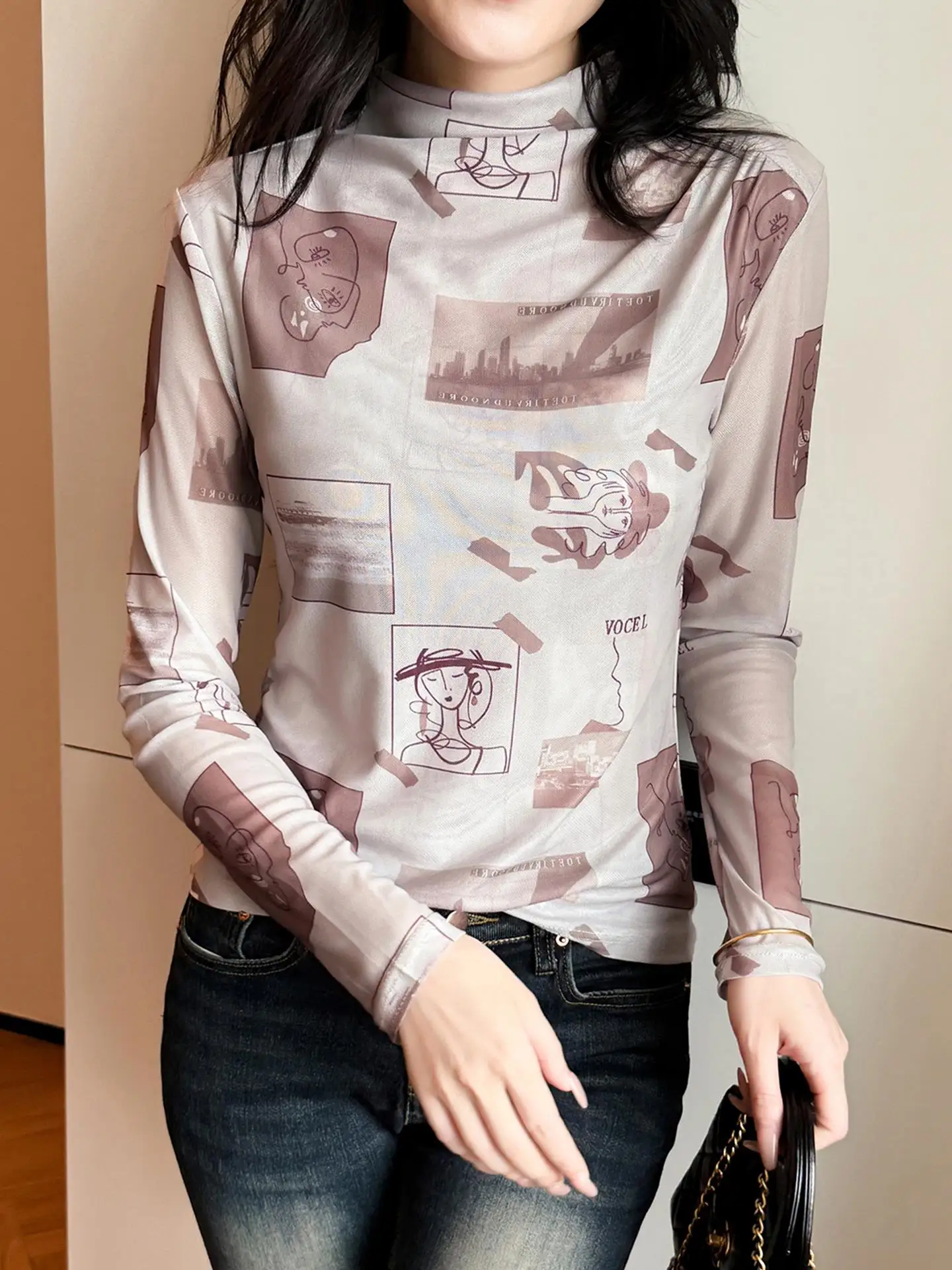 패셔너블 프린트 롱 슬리브 하이 칼라 여성용 가을 겨울 슬림 핏 슬리밍 이너웨어 탑 트렌디