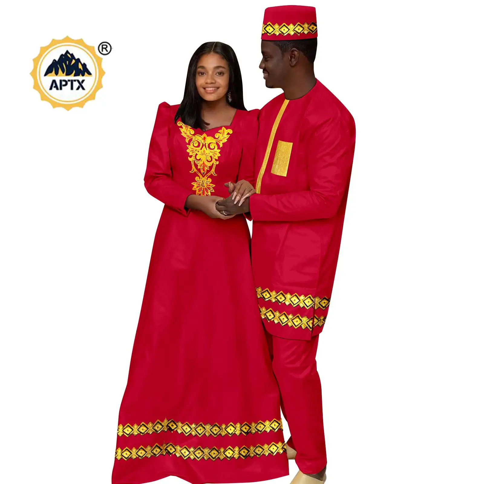 

African Appliques Long Princess Dresses for Women Matching Couple Outfits Dashiki Men Hat Top and Pant Sets Wedding Party 25C001