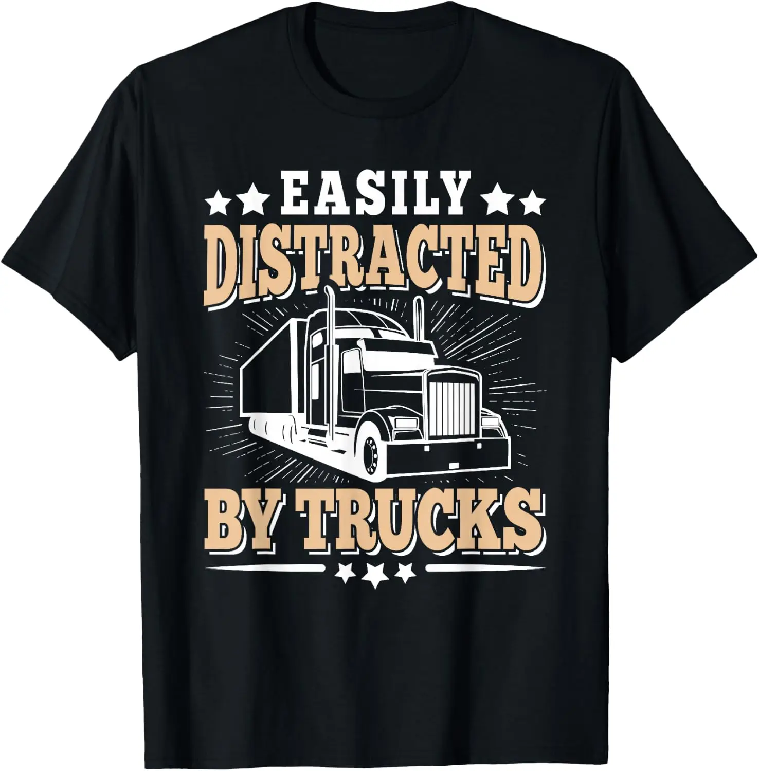 Easily Distracted By Trucks Big Rig Truck Driver Trucker Men T-Shirt 100% Cotton Trendy Y2K Short-Sleeve Tee-Soft, Quick-Drying,