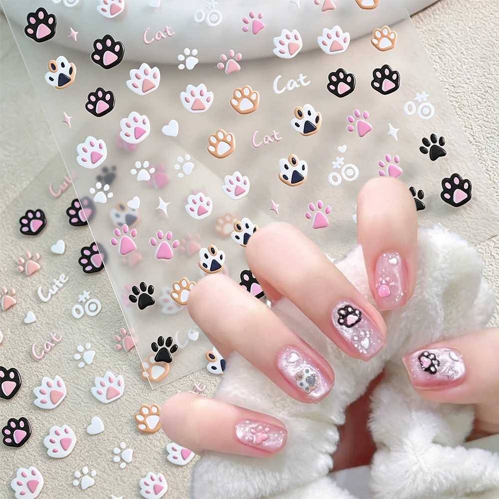 1Pcs Cute Jelly Pink Cat Paw Print Nail Sticker 5D Embossed Japanese Kawaii Pink Black Cat Claw Nail Decals for Nail Decoration#