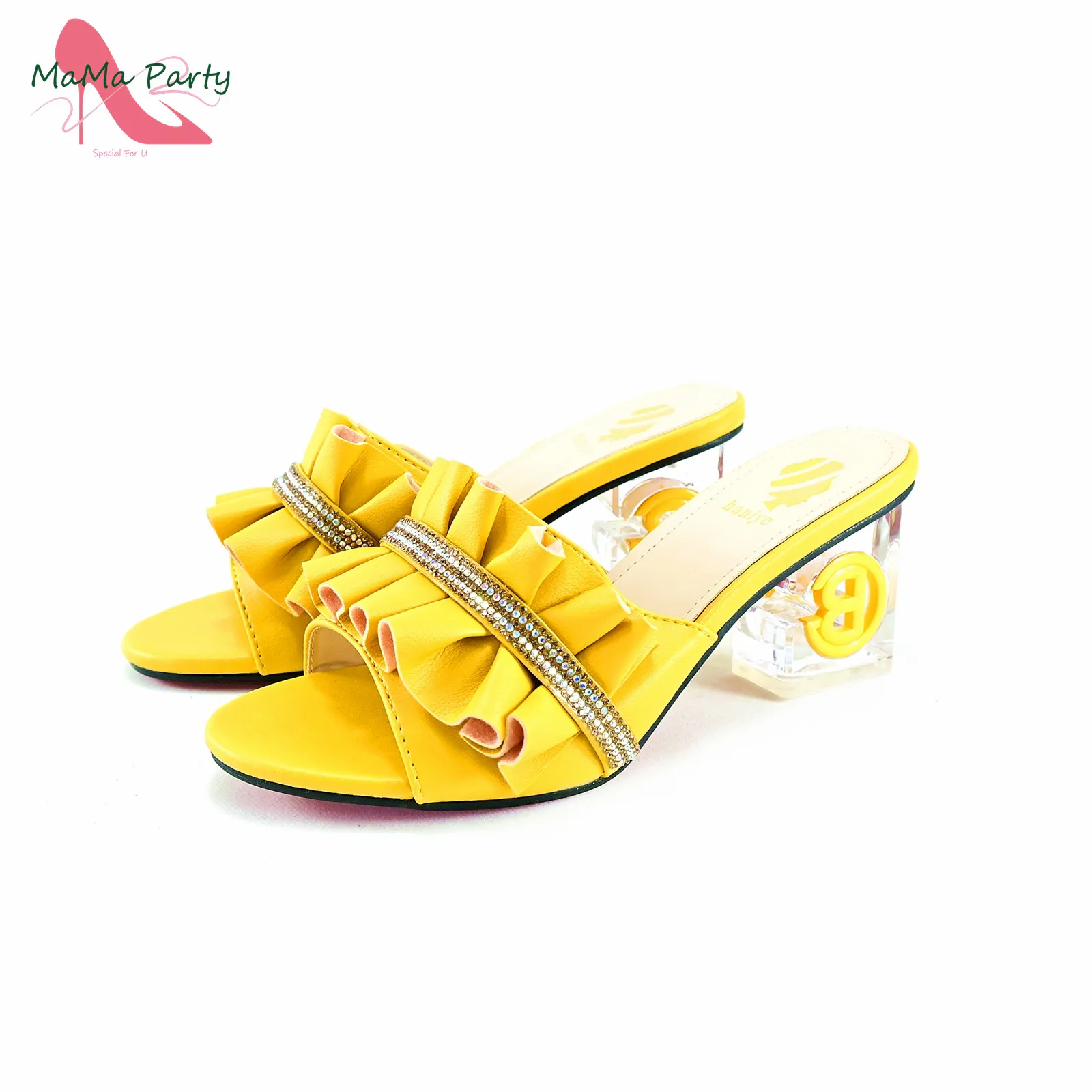 2024 Square Heels New Design Peep Toe Italian Wedding Shoes and Bag Set in Yellow Color Fashion African Slipper For Party