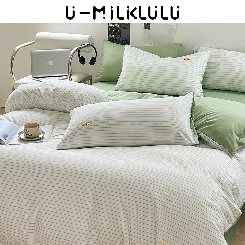 Green White Stripe Bedding Set Luxury Simple Iand Freshness Line Queen Comforter Cotton King Size Sheet Comfortable Duvet Cover