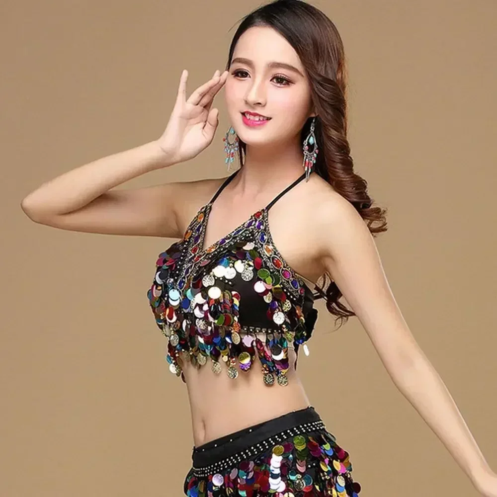 Tassel Halter Belly Dance Bra Nightclub Dance Wear Performance Sequin Tops